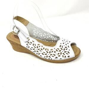 Spring Step Footsie White Leather Slingback Wedge Peep Toe Laser Cut Out Sandal
